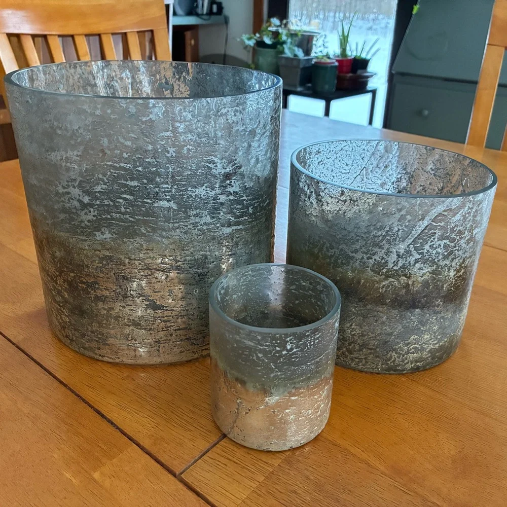 Set of 3 Crate & Barrel SONA Silver and Gray Glass Candle Holder Hurricanes